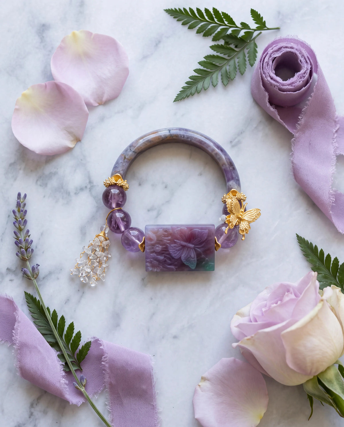 Aura of the Butterfly — Ocean Jasper & Purple Jade Bangle Bracelet