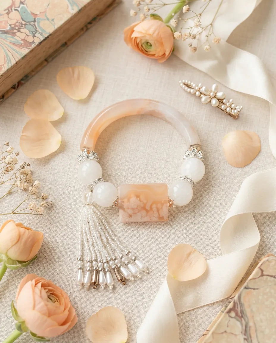 White Quartz & Peach Sakura Agate Tassel Bangle – 6¾"