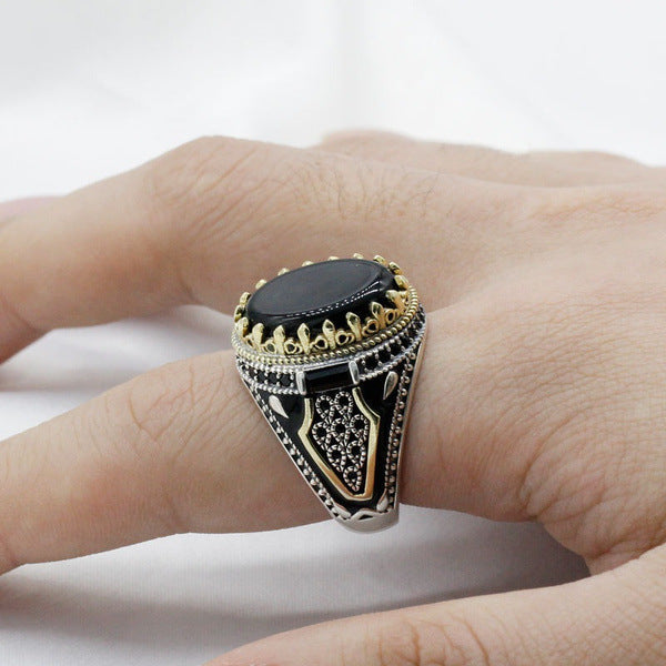 Sterling Silver Geometric Ring with Natural Gemstone - Men's Diamond Cut Ring