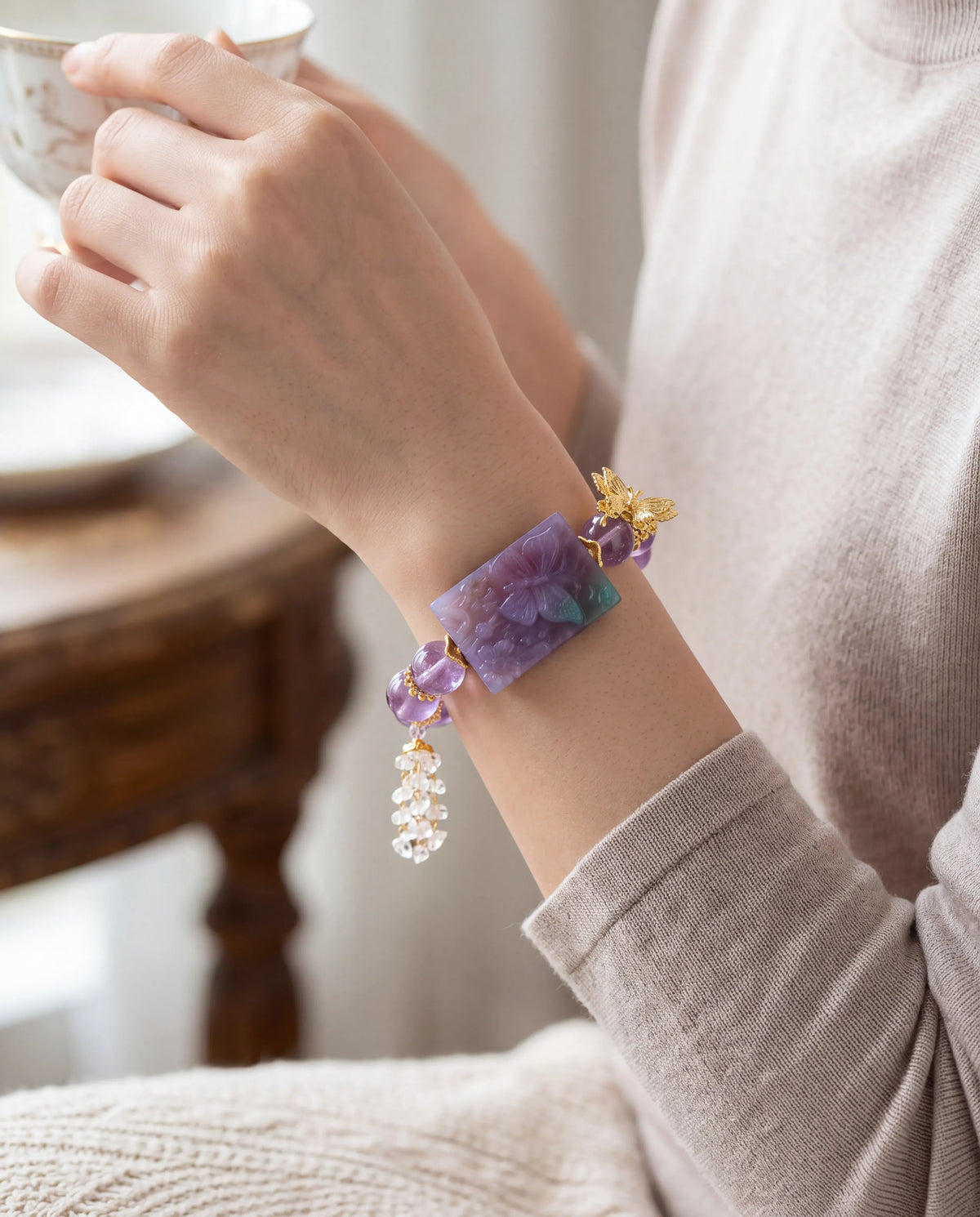 Aura of the Butterfly — Ocean Jasper & Purple Jade Bangle Bracelet