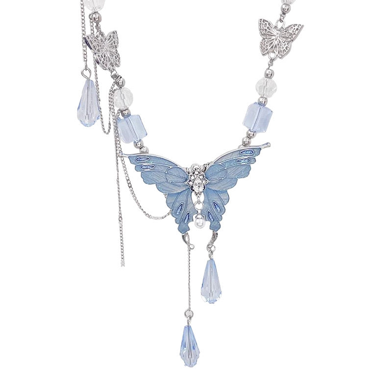 Blue Butterfly Crystal Cascade Necklace