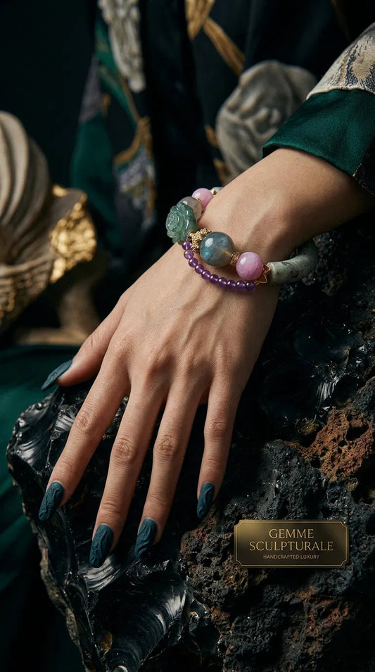 Labradorite bangle bracelet styled on a soft pink surface with a rose and gold accessories.