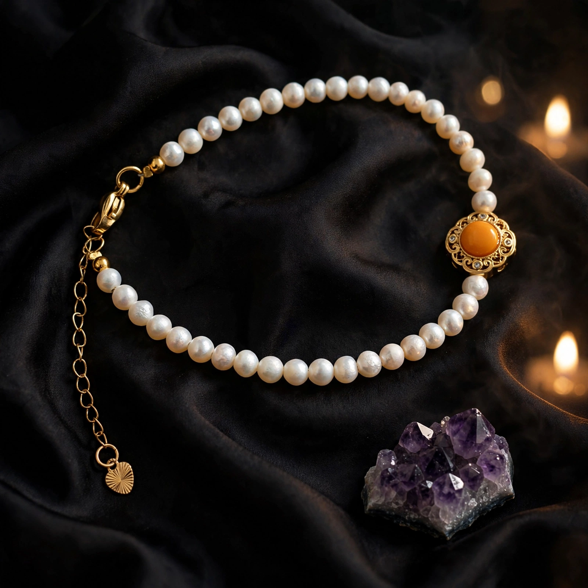 Freshwater Pearl Bracelet wt Honey Yellow Agate