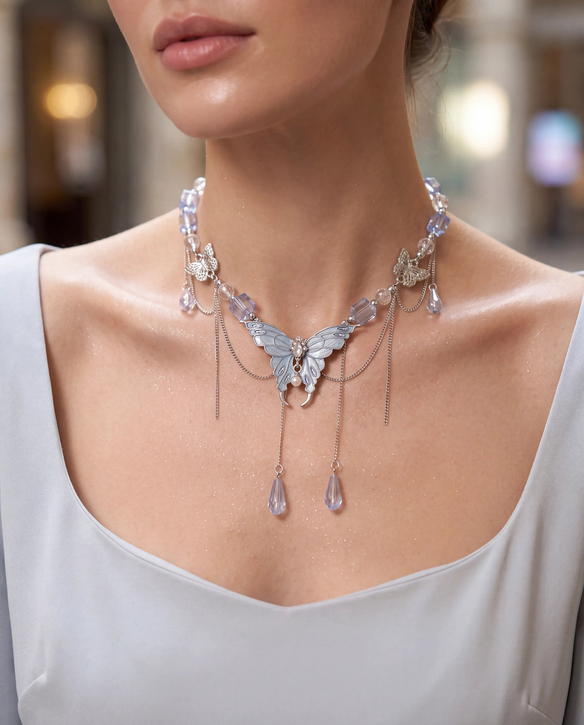 Blue Butterfly Crystal Cascade Necklace