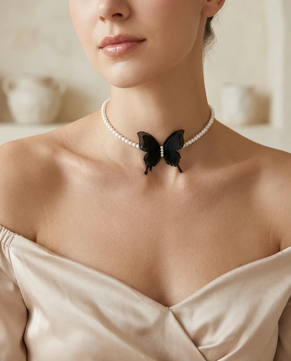 Butterfly Pearl Choker Necklace