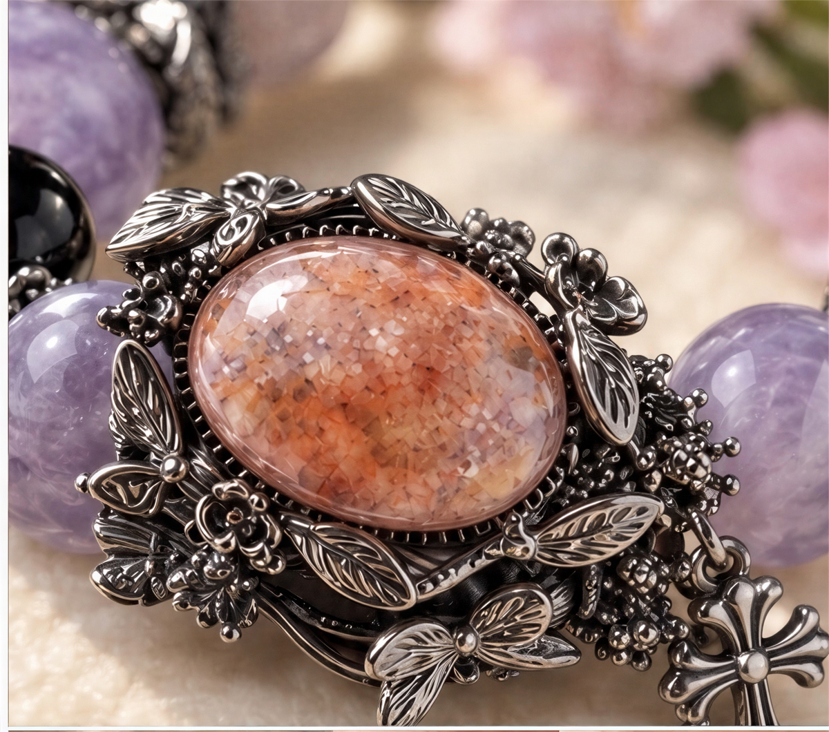 Close-up of lavender Amethyst beads, glossy black accents and ornate silver-tone spacers on purple fabric.