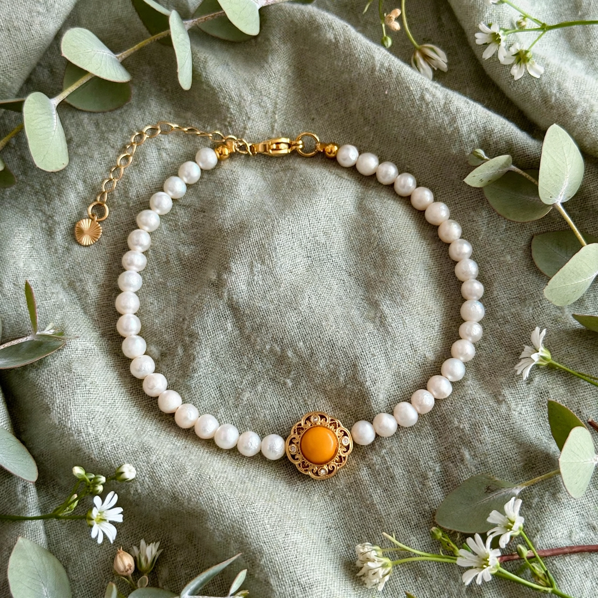 Freshwater Pearl Bracelet wt Honey Yellow Agate