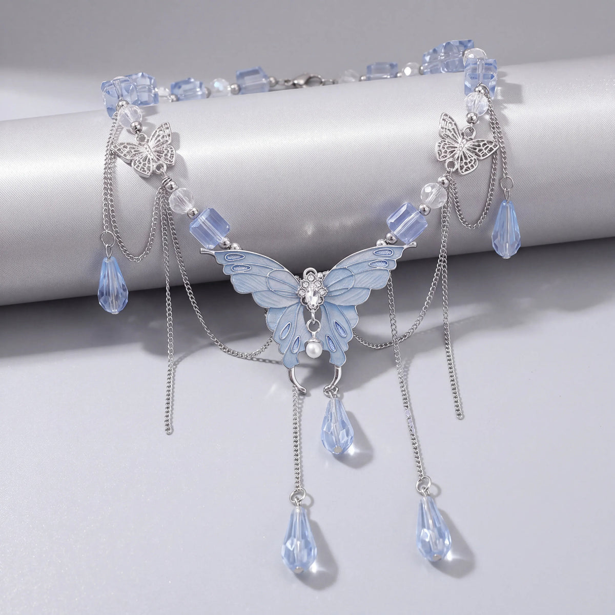 Blue Butterfly Crystal Cascade Necklace
