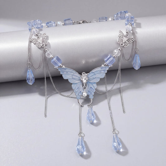 Blue Butterfly Crystal Cascade Necklace