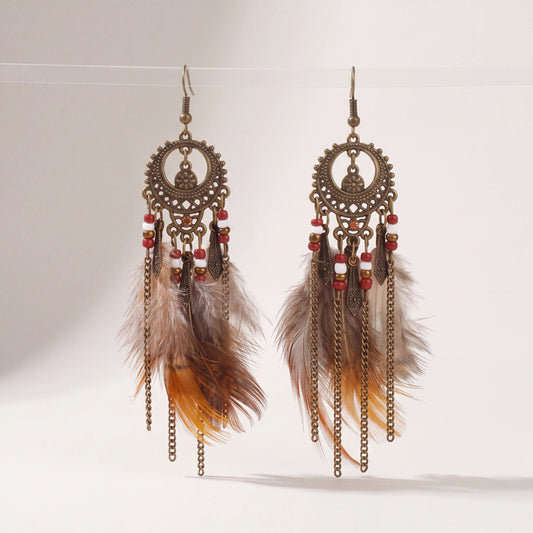 Bohemian Nocturne Dreamcatcher Feather Drop Earrings