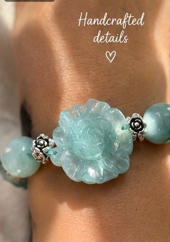 Water Jade Carved Flower Bracelet – 6" + 2" Extender