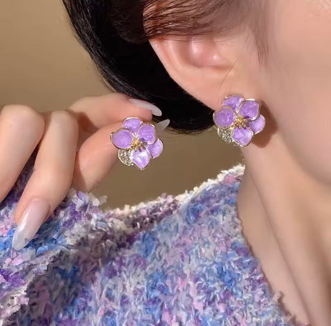 Purple Enamel Flower Stud Earrings, Gold Tone Floral Studs with Crystal Accent