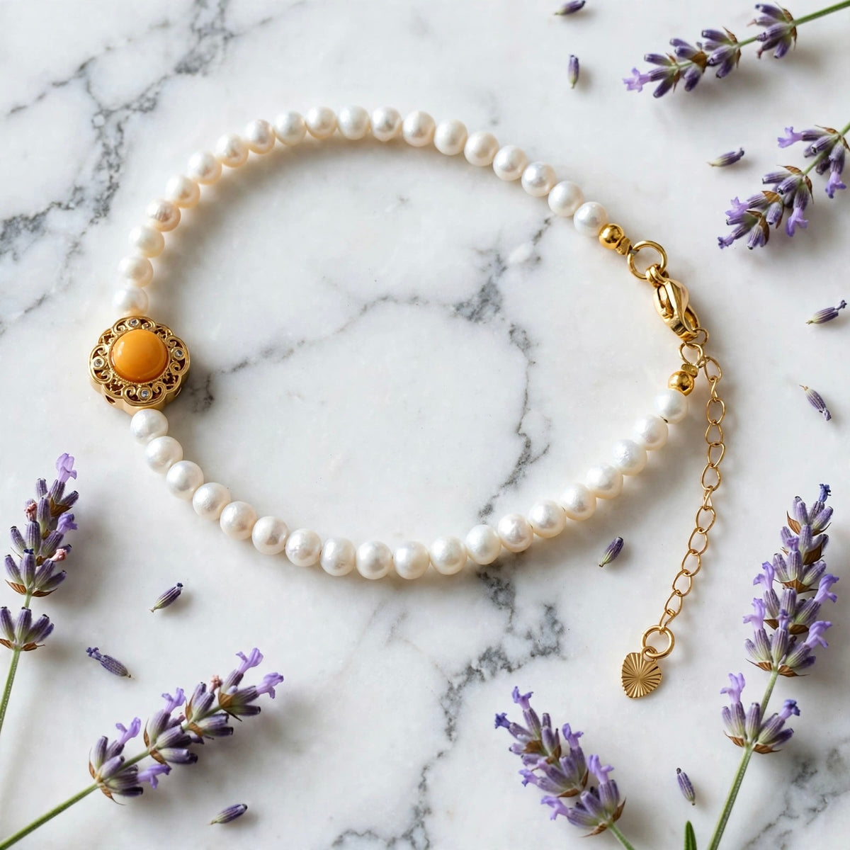 Freshwater Pearl Bracelet wt Honey Yellow Agate