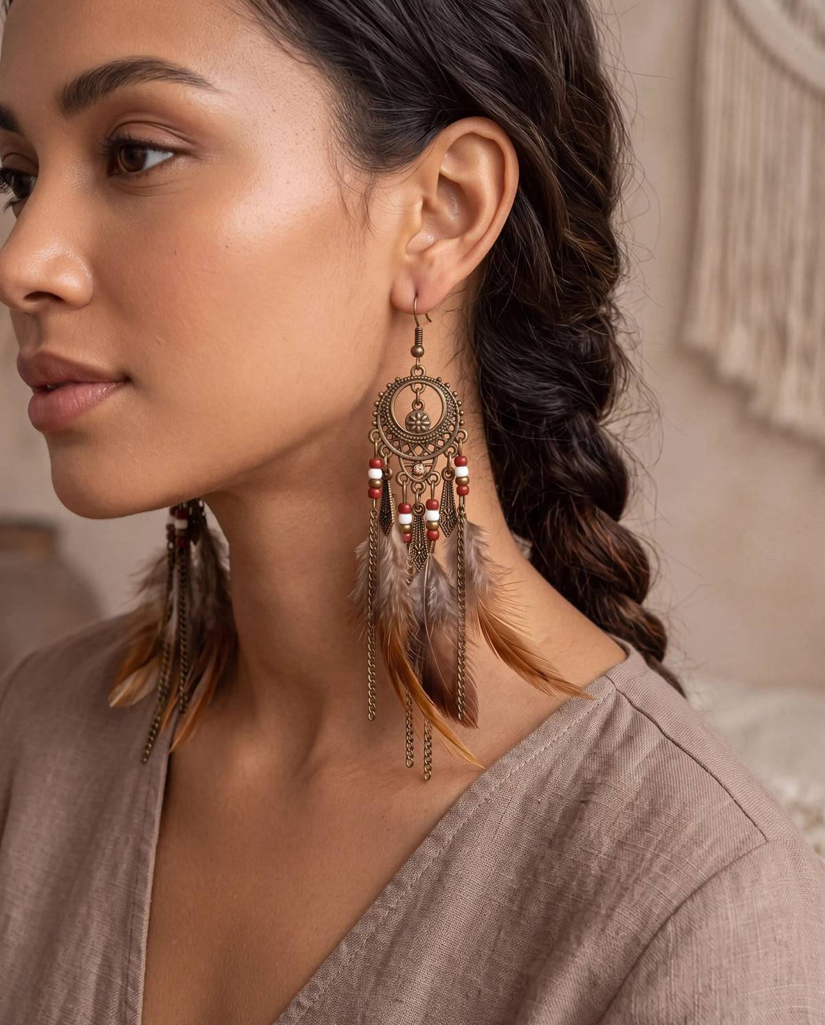 Bohemian Nocturne Dreamcatcher Feather Drop Earrings