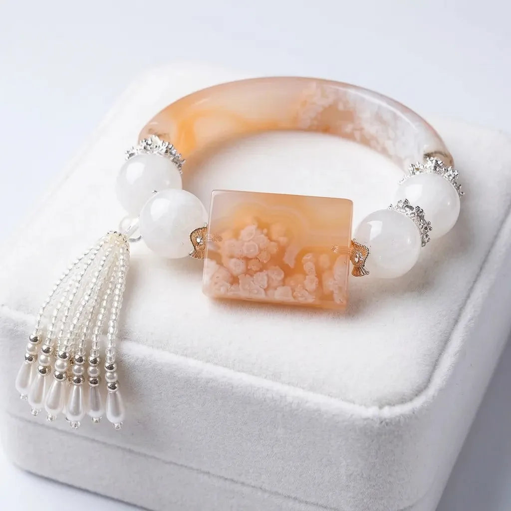 White Quartz & Peach Sakura Agate Tassel Bangle – 6¾"