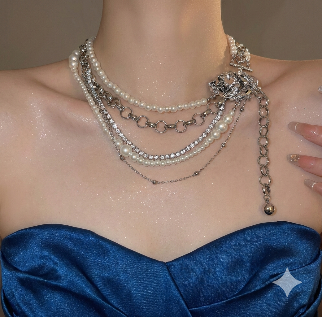 Luxe Multi-Strand Pearl & Chain Necklace with Ornate Medallion