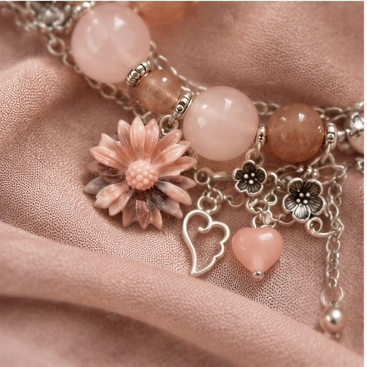 Peach Moonstone, Rose Quartz & Rhodonite Charm Bracelet – 6.5″