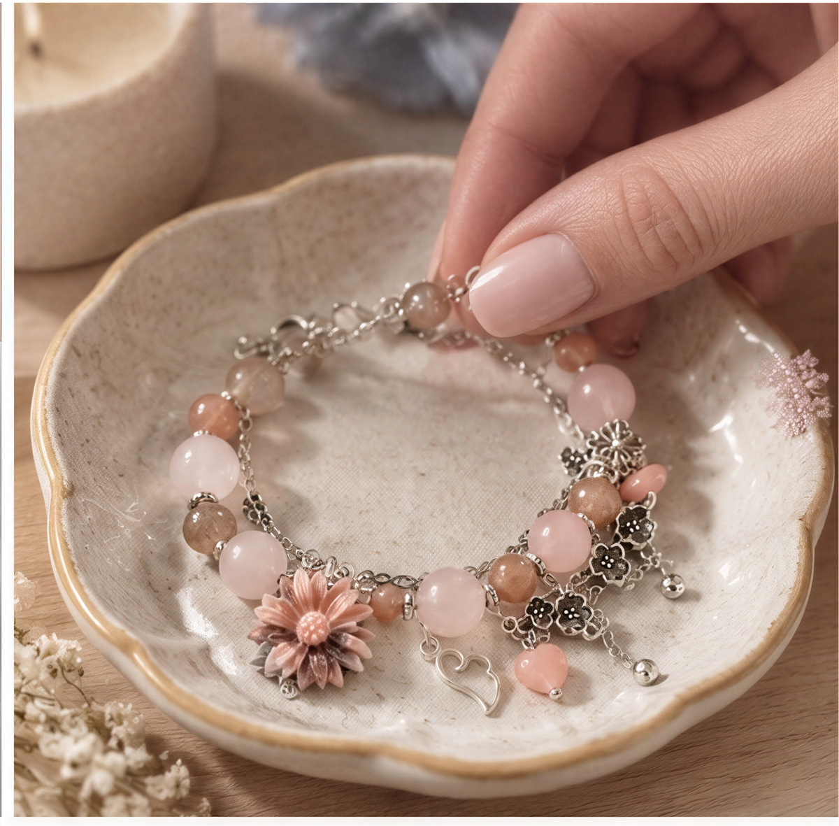 Peach Moonstone, Rose Quartz & Rhodonite Charm Bracelet – 6.5″