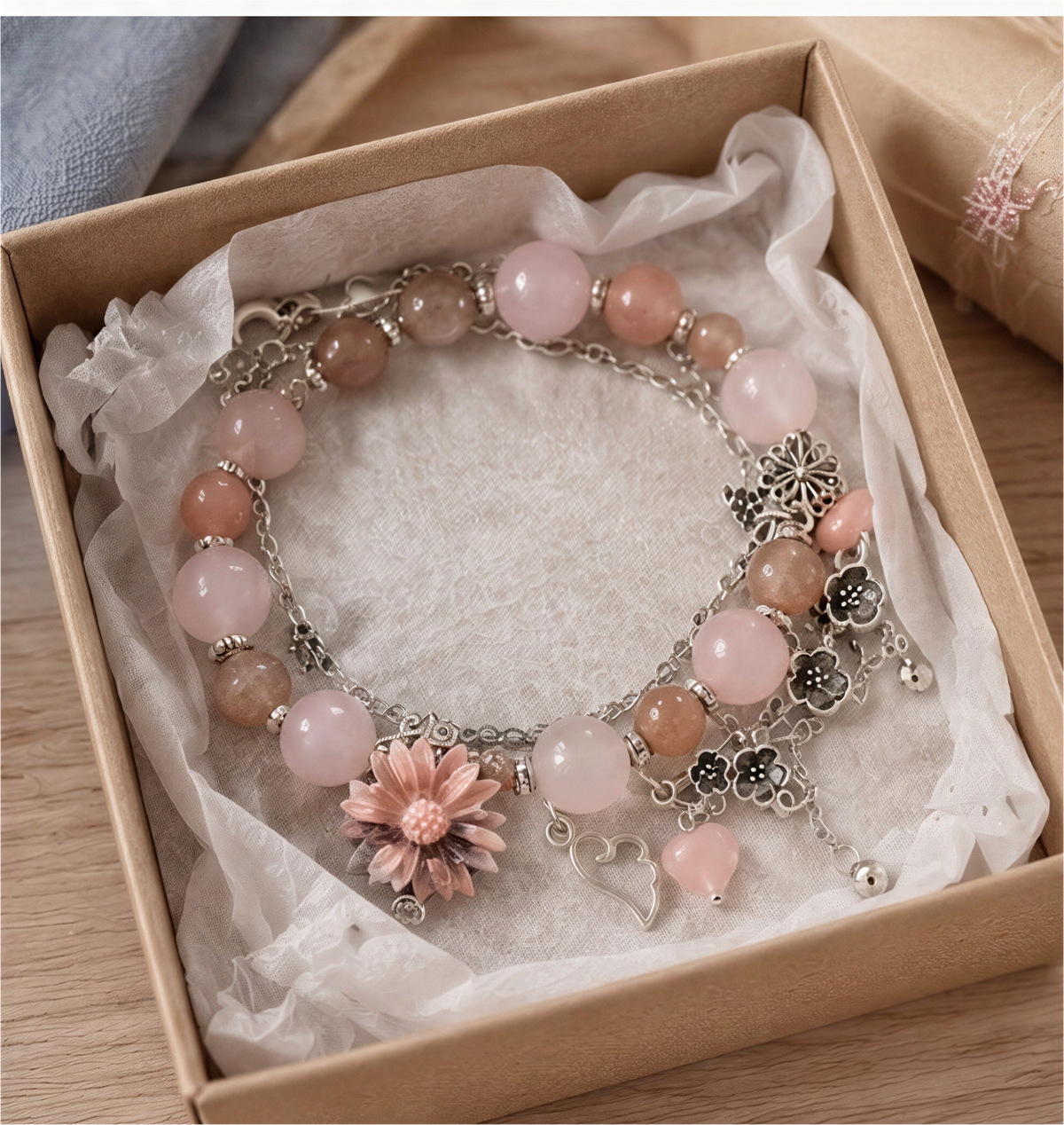Peach Moonstone, Rose Quartz & Rhodonite Charm Bracelet – 6.5″