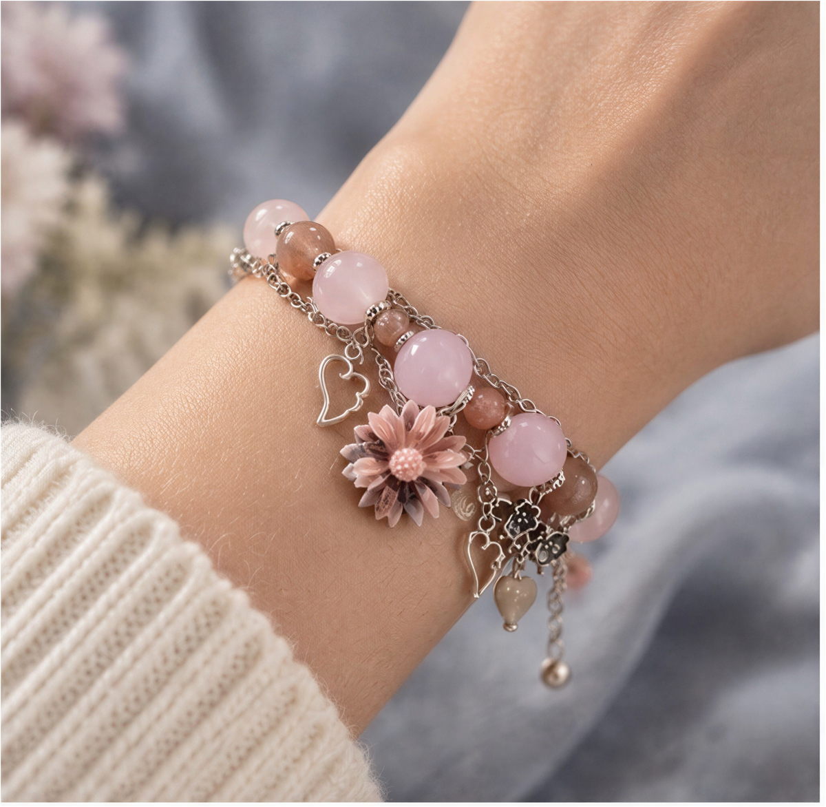 Peach Moonstone, Rose Quartz & Rhodonite Charm Bracelet – 6.5″