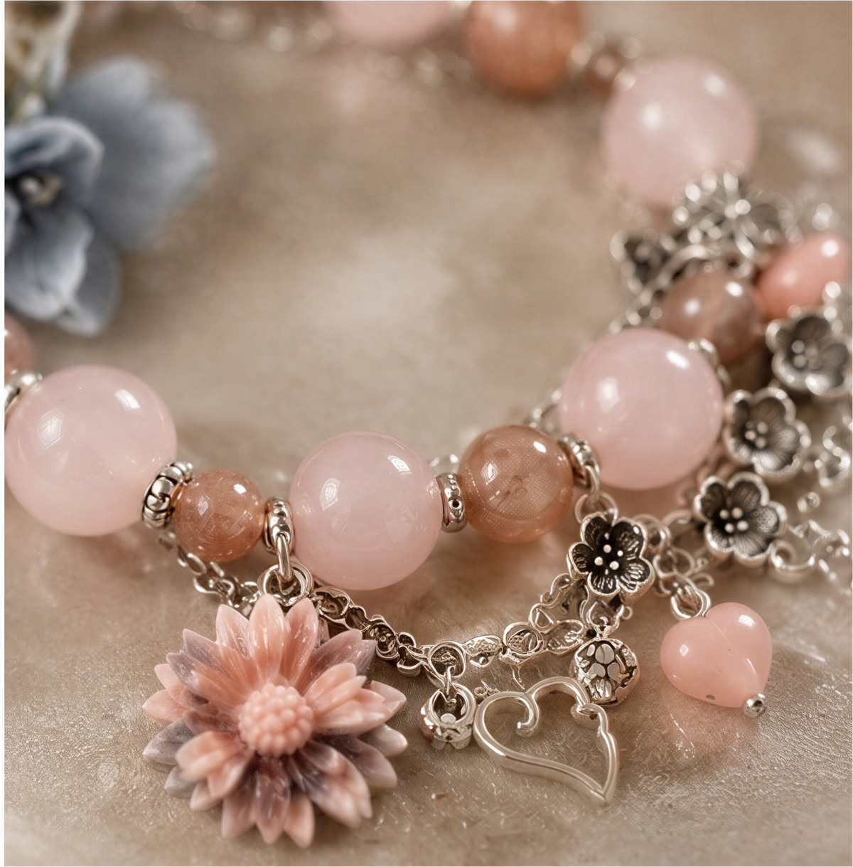 Peach Moonstone, Rose Quartz & Rhodonite Charm Bracelet – 6.5″