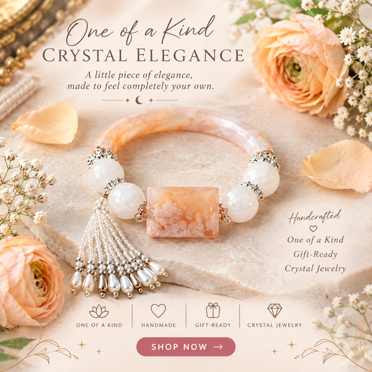 White Quartz & Peach Sakura Agate Tassel Bangle – 6¾"