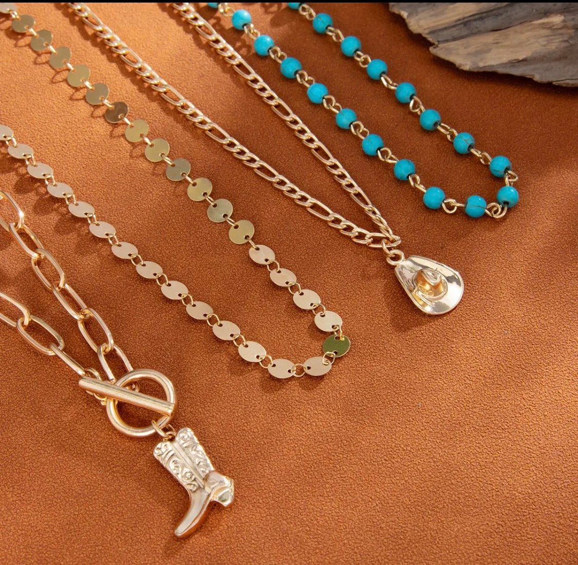 Western Boho Layered Necklace Set – 4-Piece Gold & Turquoise