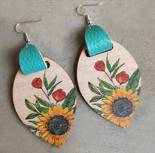 Floral Wood & Leather Dangle Earrings