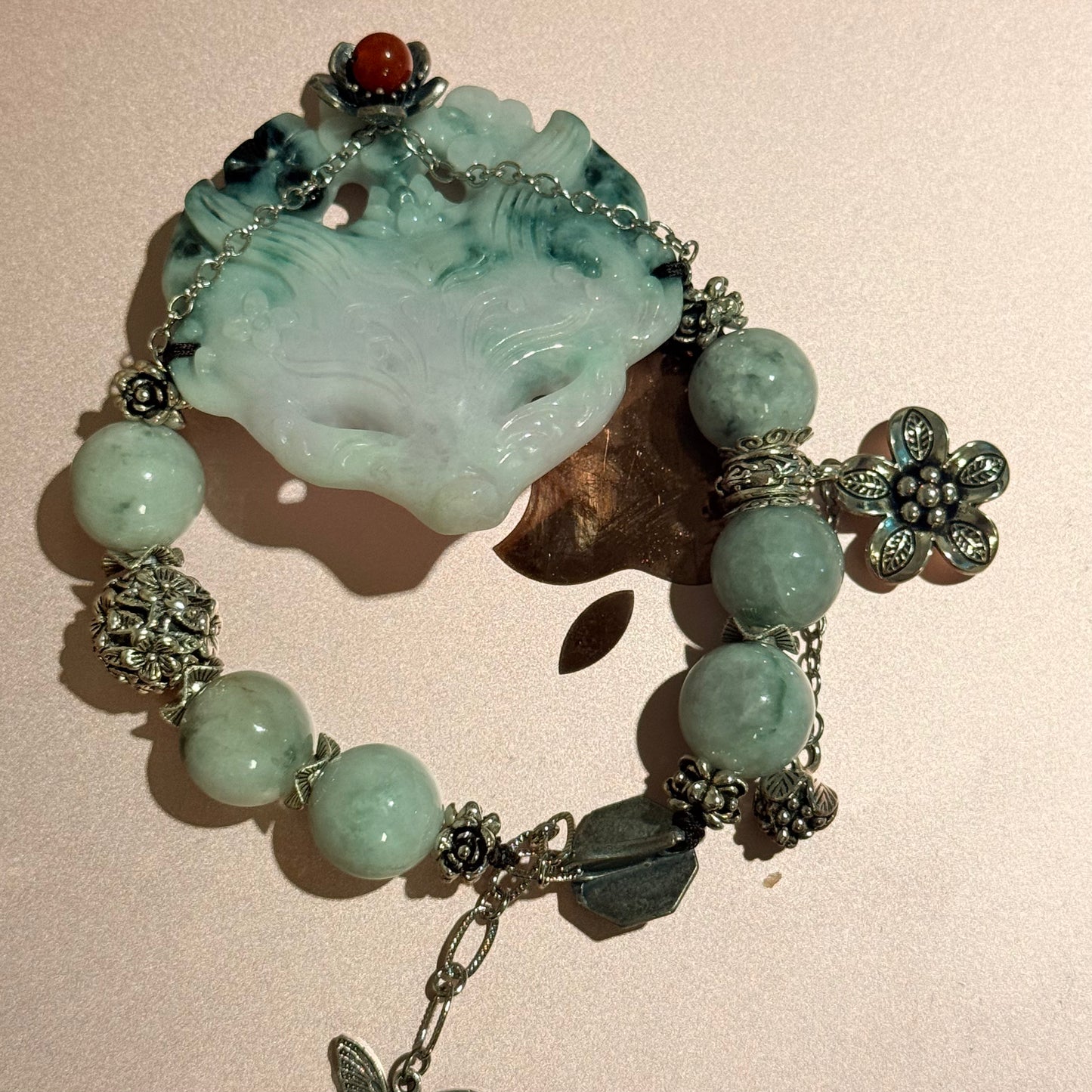 52mm Fox Carved Head Water Jade Bracelet with Silver Accents – 6" + 2" Extender