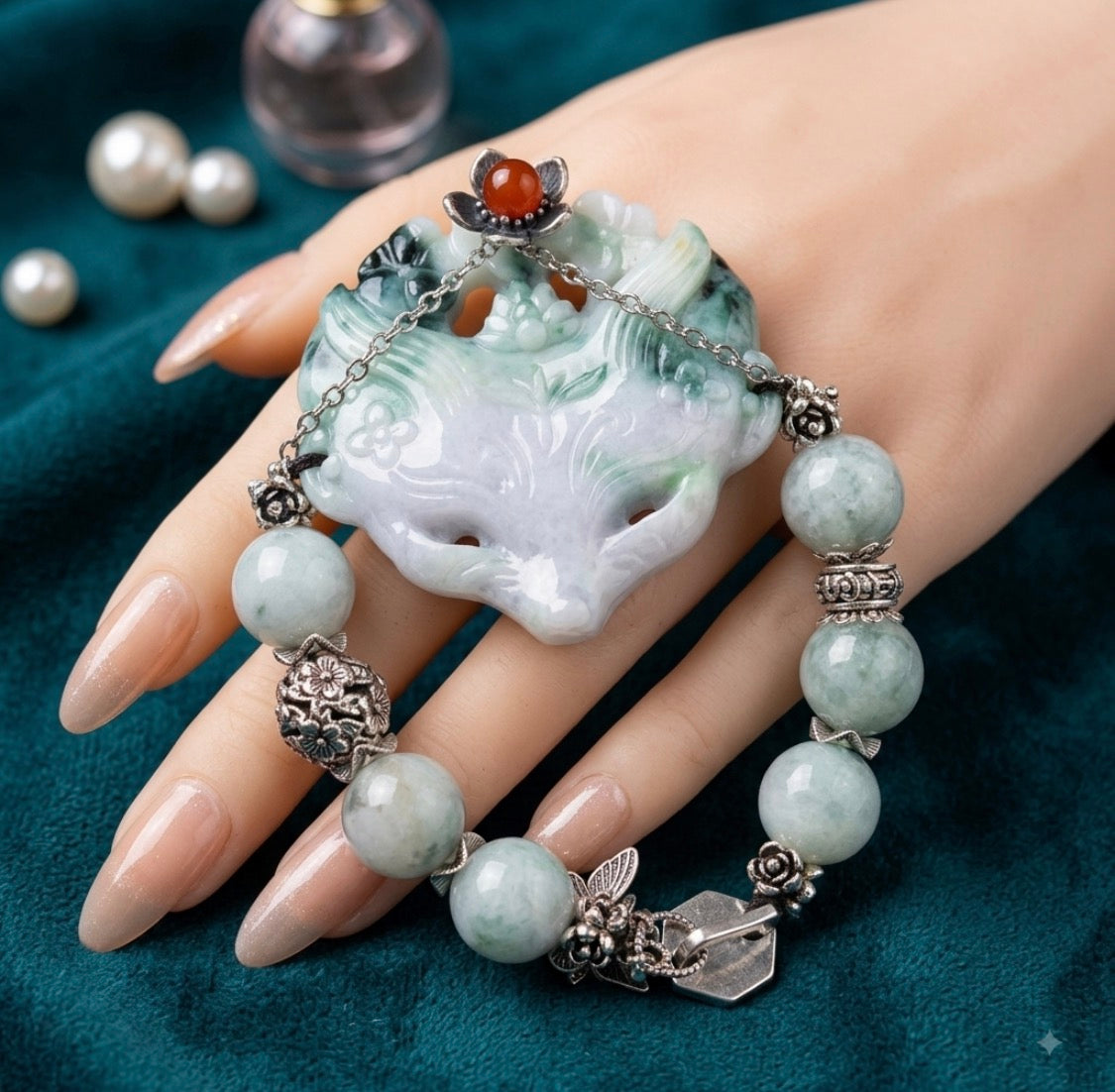 52mm Fox Carved Head Water Jade Bracelet with Silver Accents – 6" + 2" Extender