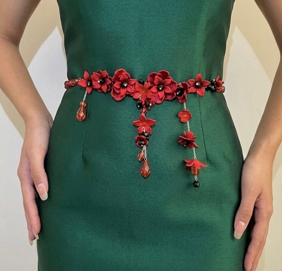Red Floral Beaded Waist Chain & Necklace