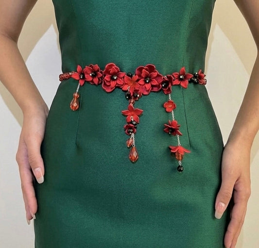 Red Floral Beaded Waist Chain & Necklace