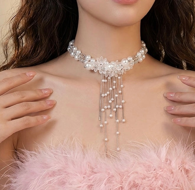 Pearl Floral Tassel Choker Necklace