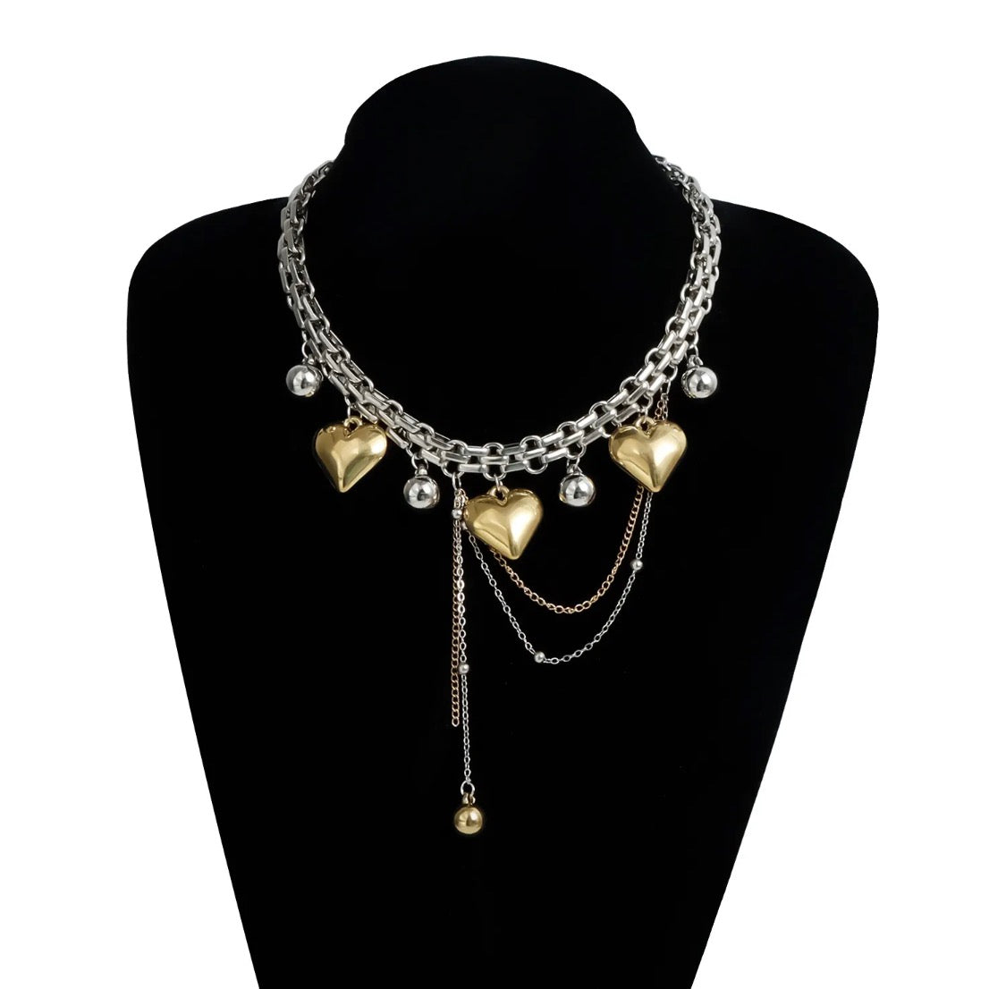 Stainless Steel Heart Charm Layered Choker Necklace