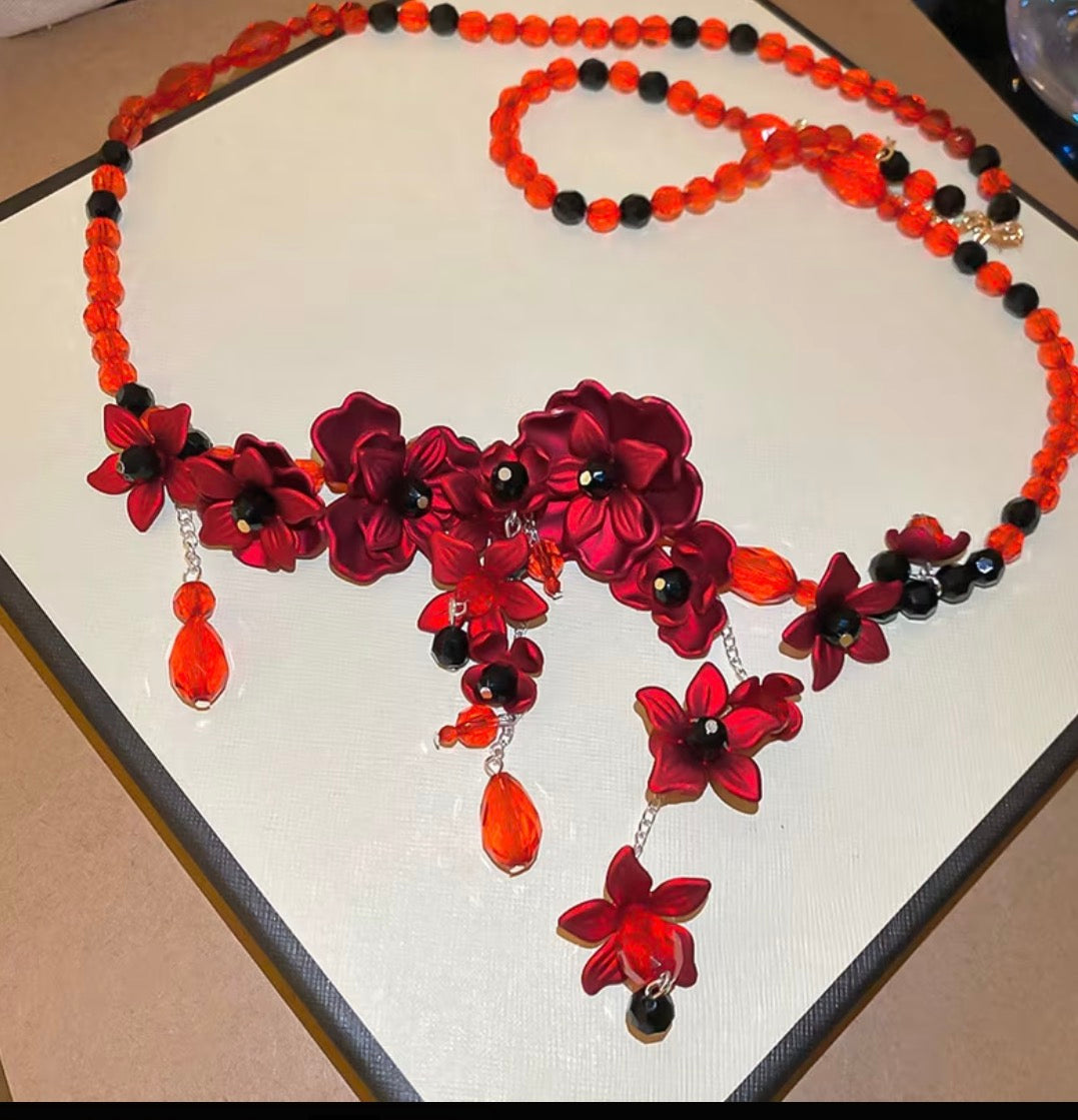 Red Floral Beaded Waist Chain & Necklace