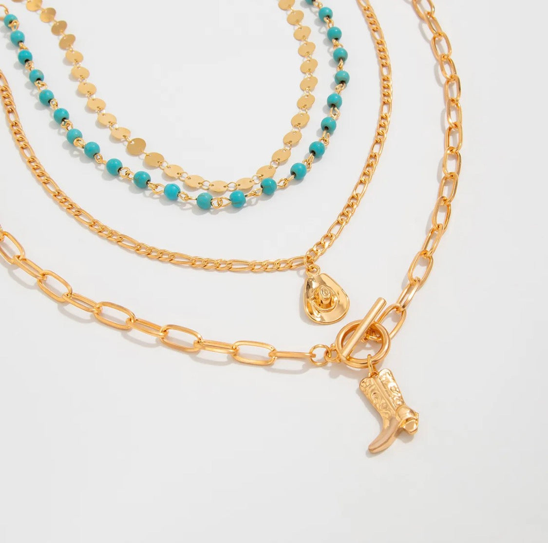 Western Boho Layered Necklace Set – 4-Piece Gold & Turquoise