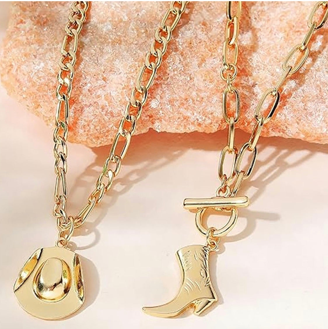 Western Charm Layered Necklace Set – Gold Cowboy Hat & Boot Pendants