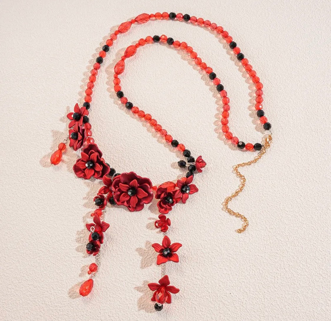 Red Floral Beaded Waist Chain & Necklace
