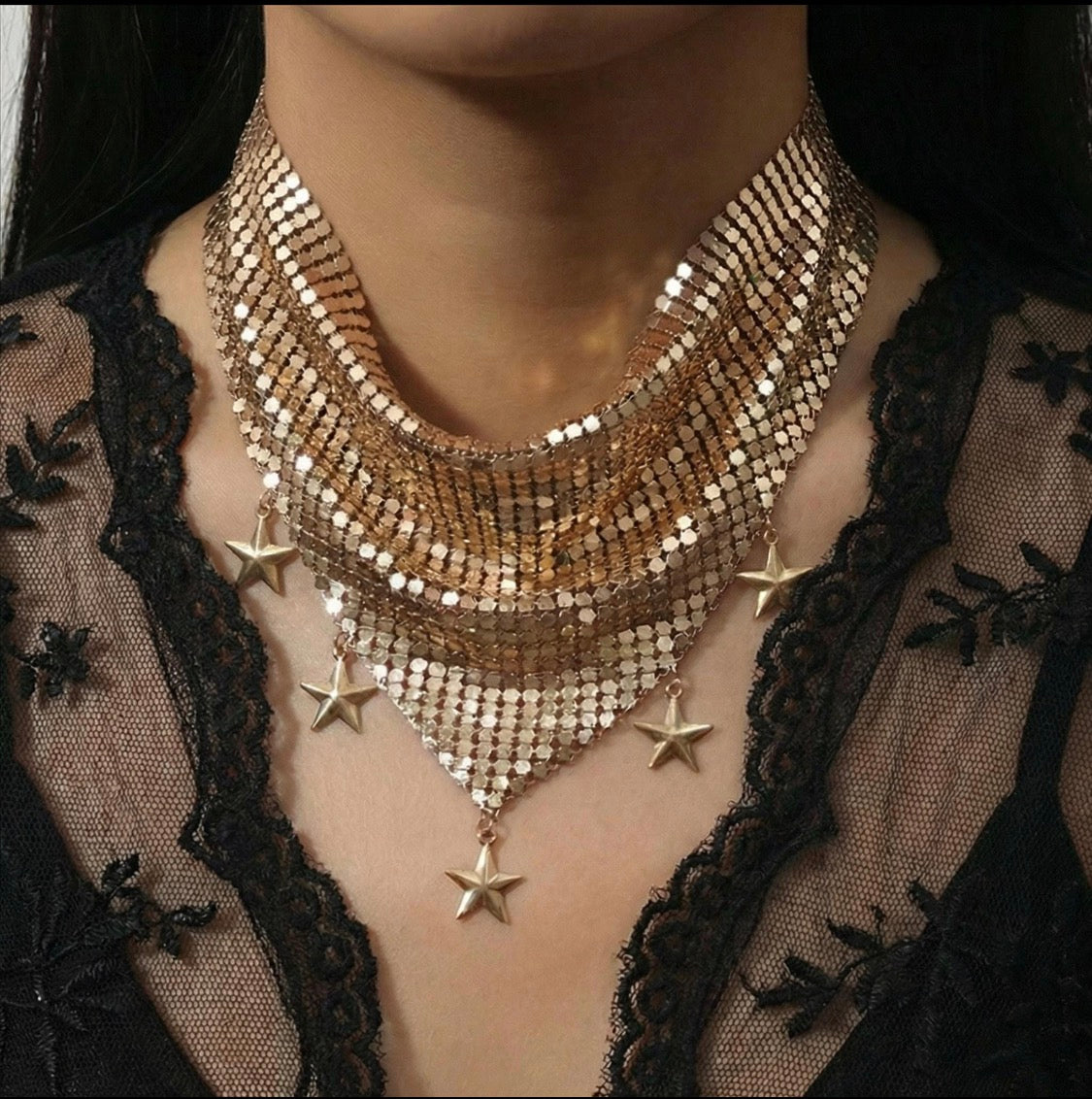 Celestial Mesh Bib Necklace with Star Charms