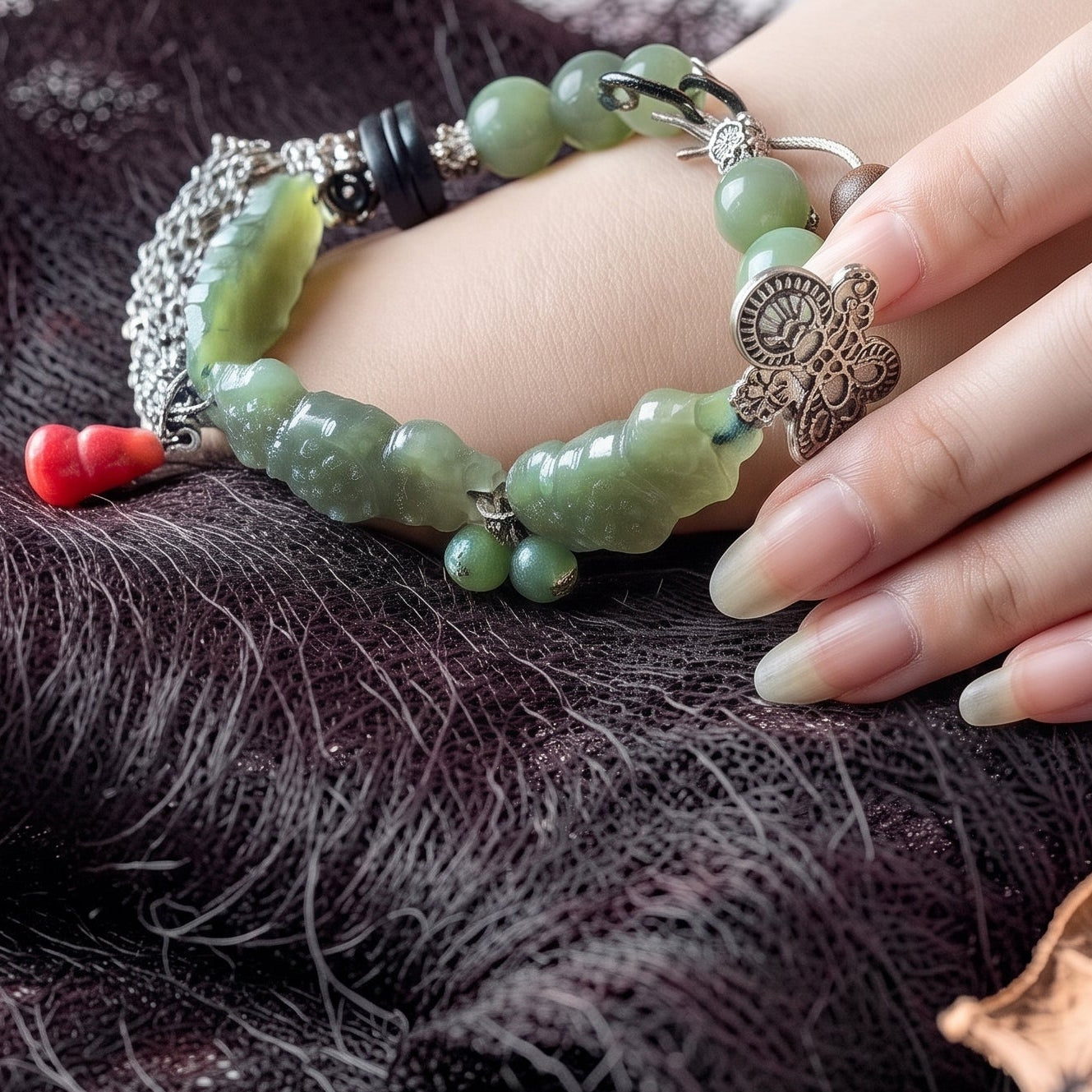 Green Jade Hand Carved Sakura Flower Bracelet with Carnelian Hulu Charm