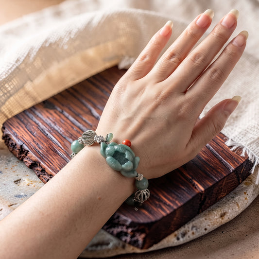 Hand Carved Jade Lotus Bracelet with Silver Crown Spacers
