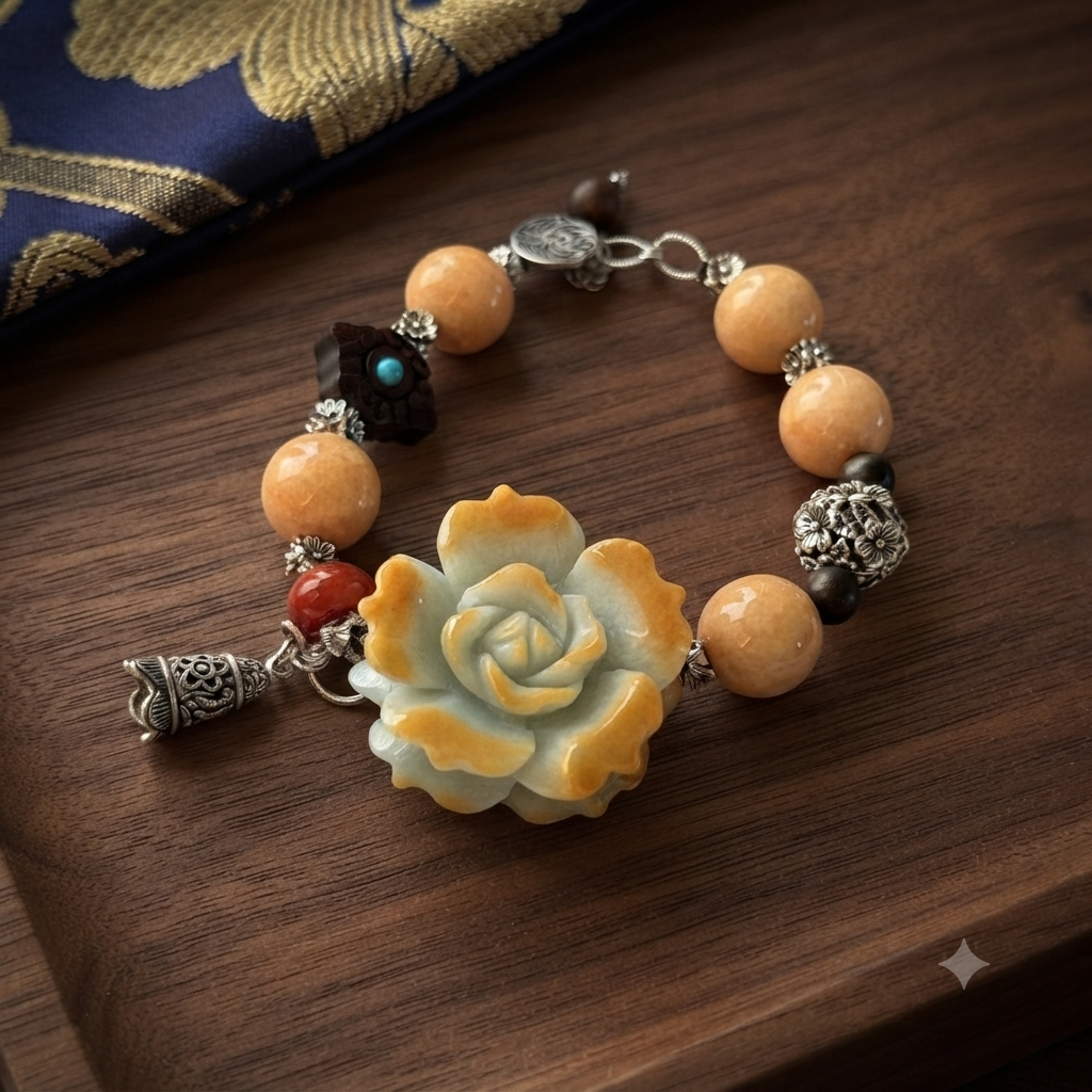 AAA Jade bracelet worn on wrist showing adjustable fit and peony focal piece