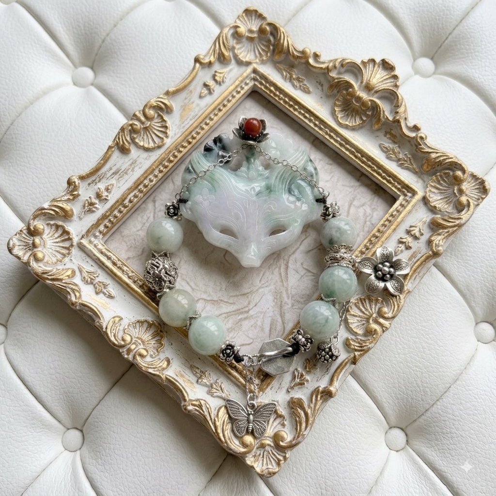 52mm Fox Carved Head Water Jade Bracelet with Silver Accents – 6" + 2" Extender