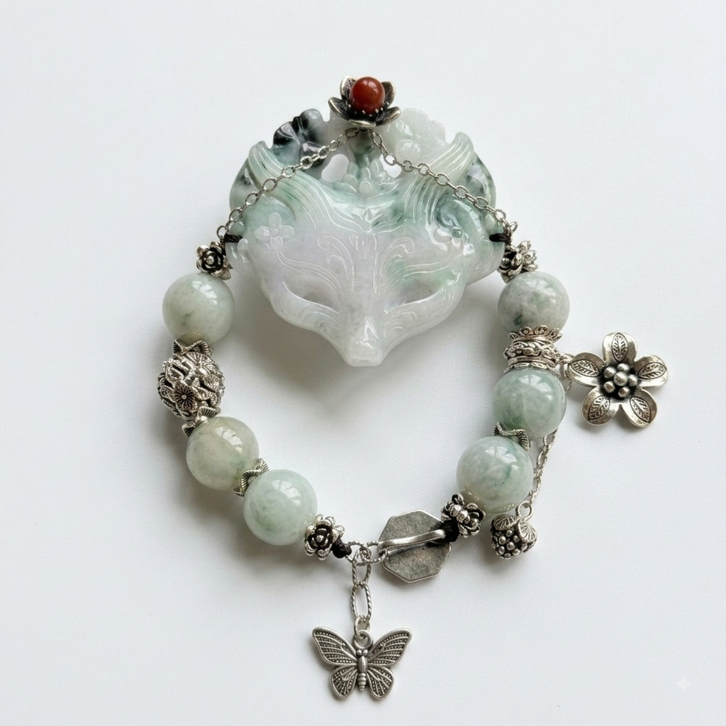 52mm Fox Carved Head Water Jade Bracelet with Silver Accents – 6" + 2" Extender