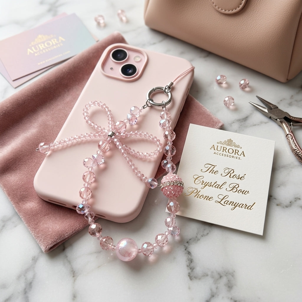 Rosé Crystal Bow Phone Lanyard styled on a pink iPhone on marble surface