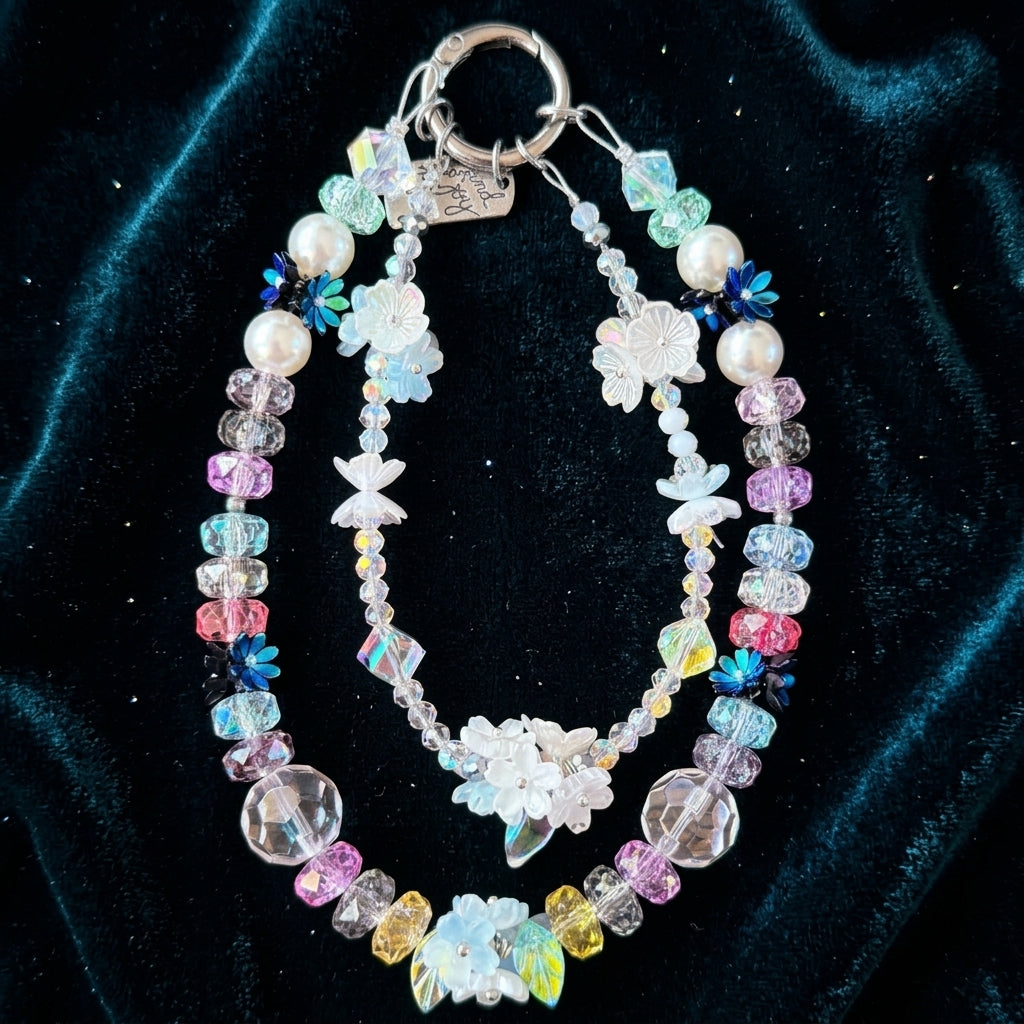 Find Joy in the Journey Pastel Crystal Charm detail on dark teal velvet background