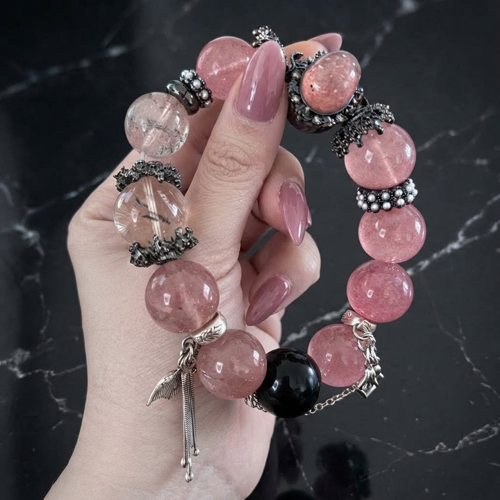 Strawberry Quartz and Rutilated Crystal 18mm Charm Bracelet 17cm