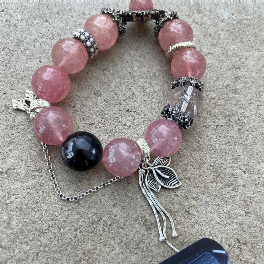 Strawberry Quartz & Rutilated Crystal Charm Bracelet