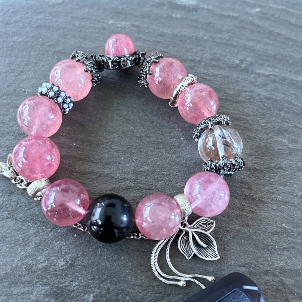 Strawberry Quartz & Rutilated Crystal Charm Bracelet