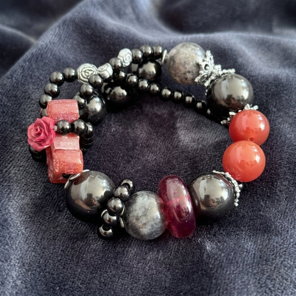 Carnelian Cross & Gray Moonstone Beaded Bracelet